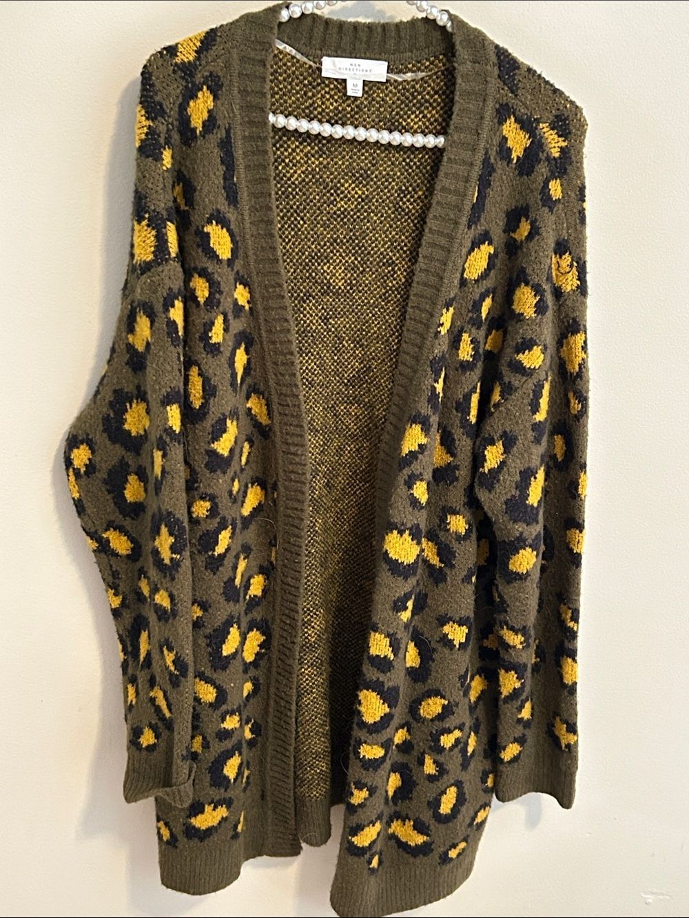 New Directions Leopard Print Open Front Cardigan Sweater Olive Gold Medium